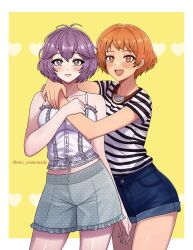 2girls absurdres alternate_costume bernadetta_von_varley breasts contemporary denim denim_shorts fire_emblem fire_emblem:_three_houses fire_emblem_warriors:_three_hopes highres jewelry leonie_pinelli medium_breasts multiple_girls necklace nintendo official_alternate_hairstyle orange_eyes orange_hair purple_eyes purple_hair rein_creamsoda shirt shorts striped_clothes white_shirt