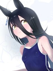 1girl a4_(a4_eishi) absurdres ahoge animal_ears black_hair blue_one-piece_swimsuit breasts closed_mouth ear_tag hair_between_eyes highres horse_ears horse_girl long_hair long_hair_between_eyes manhattan_cafe_(umamusume) multicolored_hair one-piece_swimsuit small_breasts solo swimsuit tracen_swimsuit two-tone_hair umamusume wet wet_clothes wet_hair wet_swimsuit white_hair yellow_eyes