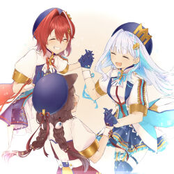 Rule 34 | 3girls, ^ ^, ange katrina, animal ears, animal hair ornament, ayuko ammobium, beret, blue gloves, blue hair, blue hat, blue ribbon, blue shorts, blue skirt, blue thighhighs, braid, breasts, brown hair, closed eyes, colored inner hair, colored lapels, commentary request, crown hat ornament, dog ears, dot nose, floating hair, frilled skirt, frills, glove bow, gloves, gradient background, grin, hair between eyes, hair intakes, hair ornament, hair ribbon, half gloves, hat, hat ribbon, highres, holding hands, idol clothes, interlocked fingers, inui toko, jacket, legwear garter, light blush, lize helesta, long bangs, long hair, long sidelocks, low twin braids, medium hair, miniskirt, multicolored hair, multiple girls, nijisanji, open clothes, open jacket, open mouth, purple ribbon, radial gradient background, red hair, red ribbon, ribbon, sanbaka (nijisanji), sanbaka anniversary outfit, short sleeves, shorts, sidelocks, single hair intake, single sidelock, single wrist cuff, skirt, small breasts, smile, streaked hair, thighhighs, twin braids, two-tone hair, virtual youtuber, white background, white hair, white jacket, white wrist cuffs, wrist cuffs, wrist ribbon, yellow background, zettai ryouiki
