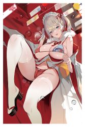 1girl :d bare_shoulders bikini black_nails blue_eyes blush border bow bow_bikini breasts brown_hair cameltoe cleavage collarbone fingernails foreshortening groin hair_between_eyes halterneck highres japanese_clothes kimono large_breasts long_hair long_sleeves looking_at_viewer lying maid_headdress momi nail_polish navel non-web_source on_back on_bed open_clothes open_kimono open_mouth original pillow print_bikini pussy_juice red_bikini sandals sash side-tie_bikini_bottom sidelocks skindentation smile solo strap_gap strap_pull string_bikini striped_bikini striped_clothes swimsuit tabi thighhighs twintails underboob untied_bikini vertical-striped_bikini vertical-striped_clothes water_drop white_border white_thighhighs wide_sleeves window