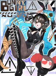 1girl alternate_costume animal_ears asymmetrical_footwear black_boots black_hair black_leotard black_shrug boots brown_eyes character_doll chinese_clothes detached_collar doll fake_animal_ears fate/grand_order fate_(series) fishnet_pantyhose fishnets hair_over_one_eye hat highres kitsunebi44410 lady_yu_doll leotard mini_hat mole mole_under_eye open_mouth pantyhose playboy_bunny rabbit_ears rabbit_pose short_hair shrug_(clothing) solo xu_fu_(fate)