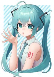 1girl :o ahoge aqua_eyes aqua_hair aqua_necktie collared_shirt commentary_request hair_intakes hair_ornament hand_up hatsune_miku highres hitsujino_mery long_hair looking_at_viewer necktie number_tattoo open_mouth shirt sleeveless sleeveless_shirt solo tattoo tie_clip twintails vocaloid white_shirt