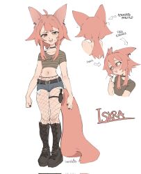 ahoge animal_ears belt black_nails blush body_freckles boots brown_eyes character_name reference_sheet choker ear_piercing earrings english_text fennec_fox fishnets fox_ears fox_girl fox_tail freckles highres iskra_(vanabette) jewelry knife knife_sheath midriff multiple_views nail_polish navel orange_hair original piercing sheath shirt short_shorts shorts signature stomach striped_clothes striped_shirt sweat sweatdrop tail thigh_strap vanabette