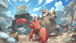 absurdres battle_damage blue_eyes blue_sclera blue_sky blurry blurry_background body_fur brown_fur bug cloud colored_sclera colored_skin commission extra_mouth gen_2_pokemon gen_3_pokemon gen_4_pokemon glalie highres horns mamoswine mawile nintendo no_humans open_mouth outdoors pokemon pokemon_(creature) red_eyes red_skin scizor sharp_teeth sky steelix sun teeth trait_connection weavile yamaori_(hakkentai_pokedan) yellow_eyes