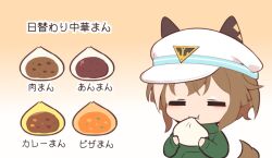 1girl :t =_= animal_ears blush brown_hair cheval_grand_(umamusume) chibi chibi_only closed_eyes commentary_request ears_through_headwear eating food gomashio_(goma_feet) gradient_background green_hoodie hat holding holding_food hood hood_down hoodie horse_ears horse_girl horse_tail long_sleeves multicolored_hair short_hair solo steamed_bun tail translation_request two-tone_hair umamusume white_background white_hair white_hat yellow_background