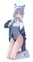 Rule 34 | 1girl, absurdres, aqua necktie, black jacket, black one-piece swimsuit, blue archive, blue eyes, blue halo, blush, closed mouth, clothes grab, commentary, cross, cross hair ornament, full body, grey hair, hair intakes, hair ornament, halo, highleg, highleg one-piece swimsuit, highres, inverted cross, jacket, kneeling, looking at viewer, mismatched pupils, necktie, necktie grab, neckwear grab, ojyomu, one-piece swimsuit, open clothes, open jacket, partially unbuttoned, shiroko (blue archive), shirt, short hair, simple background, smile, solo, swimsuit, symbol-only commentary, thighs, water drop, wet, wet clothes, wet shirt, white background, white shirt