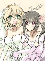 2023 2girls akatsuki_kirika bare_shoulders black_hair blonde_hair blunt_bangs breasts bridal_veil bride cleavage dated dress elbow_gloves female_focus gloves green_eyes hair_ornament highres kanna_(plum) long_hair medium_breasts multiple_girls off-shoulder_dress off_shoulder pink_dress pink_eyes senki_zesshou_symphogear short_hair small_breasts strapless strapless_dress tsukuyomi_shirabe twintails veil wedding_dress white_dress wife_and_wife x_hair_ornament yuri