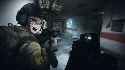 1girl absurdres aiming ar-15 assault_rifle backpack bag blonde_hair blood blood_on_wall blue_eyes commentary corpse english_commentary epakim escape_from_tarkov fire_extinguisher game_screenshot_background gloves goggles goggles_on_headwear gun gun_malfunction hallway headset helmet highres holding holding_gun holding_weapon horns military_combat_uniform military_uniform night_vision_device patch pov rifle scar scar_on_face screenshot_background shoulder_patch shouting sig_mcx sig_sauer smoke smoking_barrel sweat trigger_discipline weapon