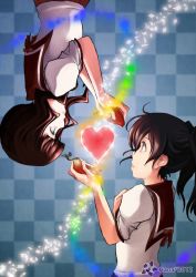 10s 2girls apple black_hair black_rock_shooter checkered_background food fruit glowing hana_keijou heart kuroi_mato multiple_girls rotational_symmetry school_uniform serafuku short_hair short_twintails takanashi_yomi twintails upside-down yuri
