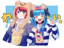 1boy 1girl amemiya_darumi animal_ears bear_ears black_bow black_hair blue_eyes blue_hair blush bow choker closed_eyes commentary_request fake_animal_ears hair_bow highres hood hood_down hoodie jacket locked_arms long_hair long_sleeves momo_(momo_2muco) multicolored_hair open_clothes open_jacket open_mouth red_choker red_hair shirt smile streaked_hair striped_clothes striped_shirt sumino_takumi swept_bangs teeth the_hundred_line_-last_defense_academy- twintails two-tone_hair upper_teeth_only v very_long_hair white_hoodie