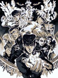 3girls 6+boys bad_id bad_pixiv_id dekopin08 gakuran hazekura_mikitaka heart higashikata_josuke hirose_koichi joseph_joestar joseph_joestar_(old) kawajiri_hayato kishibe_rohan kuujou_joutarou monochrome multiple_boys multiple_girls nijimura_keicho nijimura_okuyasu pompadour school_uniform sugimoto_reimi yamagishi_yukako