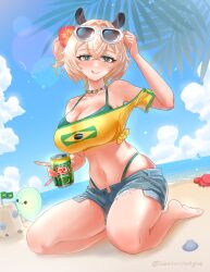 1girl animal_ears bare_shoulders beach bikini bikini_under_clothes blue_shorts brazilian_flag brazilian_flag_print brazilian_miku brazilian_miku_(cosplay) breasts brown_hair can cleavage closed_mouth cosplay crab denim denim_shorts drink_can eyewear_on_head flag_print flower full_body green_bikini green_eyes hair_flower hair_ornament hatsune_miku highres holding holding_can indie_virtual_youtuber kneeling large_breasts navel nimi_nightmare ocean off_shoulder one_side_up oversized_clothes oversized_shirt print_shirt sand seekorplatypus shirt short_hair short_shorts shorts solo_focus sunglasses swimsuit tied_shirt tongue tongue_out virtual_youtuber yellow_shirt