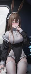 1girl amiya_(arknights) animal_ears arknights black_dress black_garter_straps black_veil blue_eyes blush breasts brown_hair commentary cross cross_necklace dress english_commentary garter_straps high_heels highres indoors jewelry large_breasts mizoshi-x necklace nun pelvic_curtain rabbit_ears rabbit_tail ring seiza sitting solo tail thighhighs thighs tongue tongue_out veil white_thighhighs