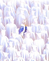 1girl 6+others absurdres alternate_costume alternate_hairstyle animal_ears blue_cape blue_dress cape cloak double_bun dress fox_ears fox_girl fox_tail from_behind fur-trimmed_cape fur_trim hair_bun highres hololive hood hood_up hyde_(tabakko) multiple_others shirakami_fubuki shirakami_fubuki_(fbkingdom) shoulder_strap sidelocks tail white_cloak white_hair