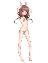 1girl absurdres arms_up barefoot blunt_bangs blush breasts brown_eyes brown_hair collarbone full_body highres iino_miko kaguya-sama_wa_kokurasetai_~tensai-tachi_no_renai_zunousen~ long_hair looking_at_viewer low_twintails moriforests navel simple_background small_breasts solo standing twintails white_background