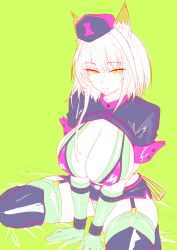 1girl absurdres animal_ears arknights bikini breasts cassava_sketch character_request cosplay fate/grand_order fate_(series) florence_nightingale_(fate) florence_nightingale_(trick_or_treatment)_(fate) florence_nightingale_(trick_or_treatment)_(fate)_(cosplay) gloves green_bikini green_gloves green_thighhighs hat highres layered_bikini long_sidelocks official_alternate_costume short_hair shrug_(clothing) sidelocks skirt squatting swimsuit thighhighs