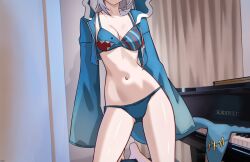 1girl bikini blue_bikini blue_hoodie breasts commentary fins fish_tail gawr_gura head_out_of_frame highres hololive hololive_english hood hoodie indoors instrument kneeling long_sleeves open_clothes open_hoodie pan_piano piano shark_tail sleeves_past_fingers sleeves_past_wrists solo swimsuit symbol-only_commentary tail virtual_youtuber wide_sleeves x_xith_x