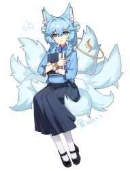 1girl absurdres animal_ear_fluff animal_ears bad_source black_skirt blue_eyes blue_hair blue_shirt blush book bracelet braid collared_shirt fox_ears fox_girl fox_tail full_body hair_between_eyes hair_ornament hair_over_shoulder hairclip highres holding holding_book hugging_object invisible_chair jewelry kitsune kyuubi long_hair long_skirt long_sleeves looking_at_viewer multiple_tails original pantyhose parted_lips republic_of_china_school_uniform school_uniform shirt shoes simple_background sitting skirt solo tail twin_braids twitter_username ulrica.h white_background white_pantyhose