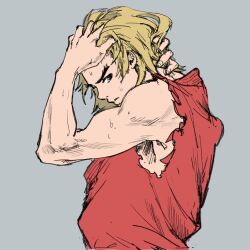 Rule 34 | 1boy, arm up, blonde hair, brown eyes, commentary request, grey background, hand in own hair, hand on own neck, highres, ken masters, looking to the side, male focus, mista0930, parted lips, profile, red shirt, shirt, sideways glance, simple background, solo, street fighter, street fighter zero (series), sweat, torn clothes, torn sleeves, upper body, very sweaty