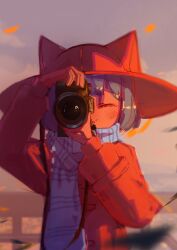 1other absurdres alternate_costume androgynous animal_hat blue_hair blue_scarf blue_sky brown_coat brown_hat camera cat_hat child closed_mouth cloud coat commentary contemporary english_commentary facing_viewer hat highres holding holding_camera long_sleeves medium_hair niko_(oneshot) one_eye_closed oneshot_(game) other_focus outdoors recording scarf shadches72 sky smile solo taking_picture upper_body wide_brim