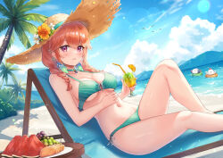 1girl beach beach_chair bikini braid breasts cloud collarbone cup day flower food fruit grapes green_bikini hand_on_own_stomach hat hat_flower holding holding_cup hololive hololive_english kfp_employee_(takanashi_kiara) long_hair multicolored_hair navel ocean official_alternate_costume on_chair orange_hair outdoors palm_tree plate purple_eyes sebu_illust sky solo streaked_hair sun_hat swimsuit table takanashi_kiara takanashi_kiara_(casual) tree twin_braids virtual_youtuber watermelon watermelon_slice