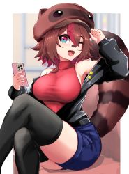 Rule 34 | 1girl, :d, absurdres, animal ears, arm up, armpits, bandaid, bandaid on face, bandaid on nose, bare shoulders, black jacket, black thighhighs, blue eyes, blue shorts, border, breasts, brown hair, cellphone, colored inner hair, colored tips, crossed legs, fake animal ears, fang, hair between eyes, hand on headwear, hand up, highres, holding, holding phone, jacket, large breasts, long sleeves, looking at viewer, multicolored eyes, multicolored hair, nail polish, off shoulder, one eye closed, open clothes, open jacket, open mouth, outside border, owozu, phone, pink nails, raccoon ears, raccoon girl, raccoon hat, raccoon tail, rakkun sutaru, red eyes, red hair, red shirt, shirt, short hair, shorts, sitting, skin fang, skindentation, slash-ex, sleeveless, sleeveless shirt, smartphone, smile, smiley face, solo, tail, taut clothes, taut shirt, thighhighs, thighs, two-tone hair, virtual youtuber, white border
