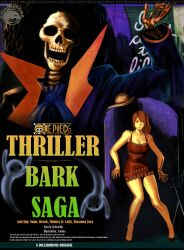 1boy 1girl absurdres afro artist_name ascot bangle bare_legs bare_shoulders black_jacket blue_ascot bracelet breasts brook_(one_piece) character_name closed_mouth collarbone commentary copyright_name corioko dress english_commentary english_text ghost hand_up hat highres jacket jewelry jolly_roger legs medium_breasts nami_(one_piece) nami_(one_piece)_(thriller_bark) one_piece open_mouth orange_hair popped_collar red_dress shoulder_tattoo skeleton standing straw_hat straw_hats_jolly_roger tattoo unworn_hat unworn_headwear
