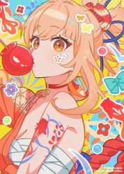 1girl arm_tattoo bandages blonde_hair bow breasts candy candy_apple chest_sarashi choker fish food genshin_impact hadanugi_dousa hair_ornament highres japanese_clothes kimono looking_at_viewer medium_breasts miz_(mi) open_kimono orange_kimono outline ponytail sarashi single_bare_shoulder tattoo white_outline yellow_eyes yoimiya_(genshin_impact)