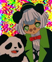 Rule 34 | 1boy, :o, animal, animal ears, black coat, black hat, bow, bowtie, coat, collared shirt, commentary request, glasses, green eyes, grey hair, hat, highres, looking at viewer, male focus, open mouth, original, panda, panda boy, panda ears, pince-nez, red bow, red bowtie, shima (wansyon144), shirt, short hair, solo, suspenders, symbol-shaped pupils, upper body