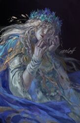 1girl absurdres black_background blue_cape blue_eyes braid cape dress elden_ring elden_ring_nightreign evilett gold_trim hands_on_own_face highres jewelry long_hair looking_at_viewer low_twin_braids revenant_(elden_ring) signature solo twin_braids upper_body veil white_dress white_hair white_veil wide_sleeves