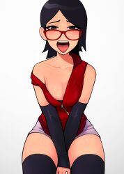 1girl aged_up arms_between_legs black_gloves black_thighhighs blush boruto:_naruto_next_generations breasts cleavage collarbone collared_shirt cowboy_shot elbow_gloves female_focus fingerless_gloves glasses gloves highres loodncrood looking_at_viewer made_in_2023 naruto_(series) off_shoulder open_mouth red-framed_eyewear red_shirt revision saliva shirt shorts simple_background sitting sleeveless small_breasts solo swept_bangs thighhighs thighs tongue tongue_out uchiha_sarada white_background white_shorts zipper zipper_pull_tab