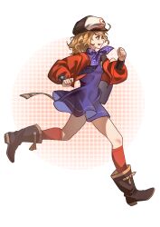 1girl :p absurdres blue_dress blue_neckerchief boots brown_boots brown_hair dress full_body halftone halftone_background hand_up hat highres jacket jintian_kaishi_chi_cui_pingguo long_sleeves neckerchief newsboy_cap orange_eyes photo-referenced polka_dot_neckerchief profile puffy_long_sleeves puffy_sleeves red_jacket red_socks regulus_(reverse:1999) reverse:1999 running short_dress short_hair socks solo tongue tongue_out watch white_background wristwatch