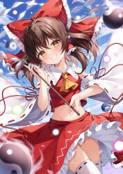1girl absurdres blue_sky blush bow breasts brown_eyes brown_hair collared_shirt commentary cowboy_shot danmaku day detached_sleeves frilled_bow frilled_hair_tubes frilled_shirt_collar frills gohei grin hair_bow hair_tubes hakurei_reimu highres holding holding_gohei long_hair long_sleeves looking_at_viewer medium_breasts midriff miy@ navel orb outdoors red_bow red_ribbon red_shirt red_skirt ribbon ribbon-trimmed_sleeves ribbon-trimmed_thighhighs ribbon_trim shirt skirt sky sleeveless sleeveless_shirt smile solo thighhighs touhou watermark white_sleeves white_thighhighs wide_sleeves yin_yang yin_yang_orb