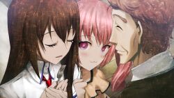 1boy 2girls :3 akiha_rumiho akiha_yukitaka arm_hug breast_pocket breasts brown_hair brown_jacket closed_eyes collar collared_shirt dress drill_hair facing_down father_and_daughter fork frilled_collar frilled_dress frilled_sleeves frills game_cg green_jacket hair_between_eyes hair_over_shoulder highres holding holding_fork huke jacket jacket_partially_removed light_blush long_hair looking_at_another makise_kurisu multiple_girls necktie no_animal_ears no_hairband no_headwear non-web_source official_art open_mouth own_hands_together pink_eyes pink_hair pocket purple_trim red_necktie ringed_eyes shiny_lips shirt short_hair small_breasts smile square_pupils steins;gate steins;gate:_linear_bounded_phenogram tearing_up tsurime twin_drills twintails white_shirt wrinkled_skin