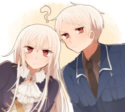 1boy 1girl ? ascot axis_powers_hetalia black_necktie blue_jacket blush breast_pocket closed_mouth collared_shirt commentary_request dual_persona gem genderswap genderswap_(mtf) grey_shirt jacket lapels long_hair long_sleeves looking_at_viewer military_jacket military_uniform multicolored_eyes necktie ninonuko open_clothes open_jacket pink_eyes pocket prussia_(female)_(hetalia) prussia_(hetalia) purple_eyes purple_jacket red_gemstone sash shirt short_hair sidelocks simple_background upper_body v-shaped_eyebrows white_ascot white_hair white_shirt yellow_background yellow_sash