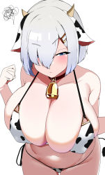 1girl absurdres alternate_costume animal_collar animal_ears animal_print bell bikini black_bikini blue_eyes blush breasts cleavage collar collarbone commentary_request cow_ears cow_horns cow_print cow_tail cowbell embarrassed eyes_visible_through_hair fake_animal_ears fake_horns fake_tail hair_between_eyes hair_over_one_eye half-closed_eyes hamakaze_(kancolle) hands_up hauto-san highres horns huge_breasts kantai_collection long_bangs looking_at_viewer multicolored_bikini navel short_hair side-tie_bikini_bottom solo string_bikini swimsuit swirl tail two-tone_bikini white_background white_bikini