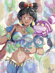 1girl 2boys 610roten absurdres aladdin_(movie) alice_in_wonderland_(disney) alien_(toy_story) balloon black_hair breasts brown_eyes brown_hair cheshire_cat_(disney) company_connection dark-skinned_female dark_skin disney disneyland duffy_and_friends earrings gelatoni hairband highres jasmine_(disney) jewelry long_hair looking_at_viewer mickey_mouse_(symbol) multiple_boys shirt smile toy_story very_long_hair