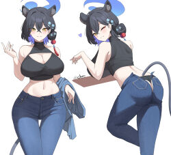 1girl absurdres animal_ears ass black_hair black_panties black_shirt blue_archive blue_halo blue_pants blush breasts cleavage cleavage_cutout closed_mouth clothing_cutout commentary crop_top denim extra_ears eyeliner from_behind hair_between_eyes hair_ornament halo highres jeans kaguya_(blue_archive) kurochomo large_breasts looking_at_viewer makeup multiple_views navel one_eye_closed panther_ears panther_girl panther_tail panties pants red_eyeliner shirt simple_background sleeveless sleeveless_shirt slit_pupils smile tail tassel tassel_hair_ornament thigh_gap turtleneck turtleneck_shirt underwear white_background yellow_eyes