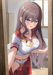 Rule 34 | 1girl, @ @, absurdres, artist request, blue eyes, braid, breasts, brown hair, commentary request, commission, cowboy shot, crop top, garter straps, hair between eyes, highres, indoors, korean commentary, large breasts, lochi&#039;s character, long hair, looking at viewer, navel, neckerchief, open clothes, open mouth, open skirt, original, panties, pleated skirt, red sailor collar, red skirt, sailor collar, school uniform, second-party source, serafuku, shirt, short sleeves, sidelocks, skirt, solo, stomach, twin braids, underwear, very long hair, white panties, white shirt, yellow neckerchief