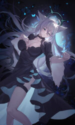1girl absurdres animal_ear_fluff black_choker black_dress blue_archive blue_eyes blush breasts bug butterfly butterfly_on_hand choker cleavage_cutout clothing_cutout cross_halo dress grey_hair hair_between_eyes halo hand_on_own_chest highres insect large_breasts long_hair looking_at_viewer reiami shiroko_(blue_archive) shiroko_terror_(blue_archive) sidelocks solo tail wolf_girl wolf_tail