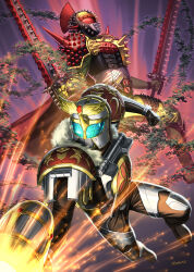Rule 34 | 2boys, absurdres, black bodysuit, blue eyes, bodysuit, compound eyes, fur trim, giga duri noko, green bodysuit, hammer, highres, holding, holding hammer, holding sword, holding weapon, ivy, kamen rider, kamen rider bravo, kamen rider bravo (kingdurian arms), kamen rider gaim (series), kamen rider gridon, kamen rider gridon (lychee arms), kingdurian lockseed, lockseed, lychee, lychee lockseed, male focus, multiple boys, red eyes, rider belt, sengoku driver, sennsu, shine donkachi, spikes, sword, weapon