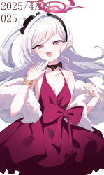 1girl absurdres black_choker black_hairband blue_archive bow bow_choker bracelet breasts choker cleavage cocktail_dress collarbone commentary cowboy_shot dated dress english_commentary fang frilled_dress frills fur_shawl hair_ornament hair_scrunchie hairband halo hand_to_own_mouth highres jewelry long_hair looking_at_viewer mutsuki_(blue_archive) mutsuki_(dress)_(blue_archive) official_alternate_costume official_alternate_hairstyle one_side_up pointy_ears purple_eyes red_dress red_halo scrunchie shawl simple_background skin_fang small_breasts smile solo white_background white_hair white_shawl yaoyaozi_bu_shi_renjian_yanhuo