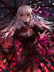 Rule 34 | 1girl, absurdres, black dress, breasts, bug, butterfly, commentary request, corruption, croci, dark sakura, dress, fate/stay night, fate (series), gradient background, hair ribbon, heaven&#039;s feel, highres, insect, large breasts, light particles, long hair, looking at viewer, matou sakura, mixed-language commentary, red background, red butterfly, red eyes, red ribbon, ribbon, solo, white hair