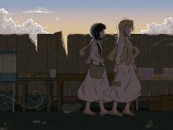 2girls backlighting bag basket black_hair blonde_hair box cardboard_box cat chito_(shoujo_shuumatsu_ryokou) cloud commentary cumulonimbus_cloud cup dress drinking_glass english_commentary fence food highres long_dress long_hair long_sleeves low_twintails multiple_girls parisetya sandals shoujo_shuumatsu_ryokou sunset table twintails walking white_dress wind yuuri_(shoujo_shuumatsu_ryokou)