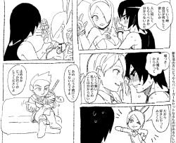 1girl 2boys alternate_costume animal_ear_hairband animal_ears black_hair blush book breasts cleavage couch crossed_legs dancho_no_mori detached_collar fake_animal_ears frown greyscale hairband leotard mii_(nintendo) mii_brawler mii_brawler_(smash_ultimate) mii_gunner mii_gunner_(smash_ultimate) mii_swordfighter mii_swordfighter_(smash_ultimate) monochrome multiple_boys nintendo on_couch one_eye_closed playboy_bunny rabbit_ear_hairband rabbit_ears reading short_hair sitting smile speech_bubble strapless strapless_leotard super_smash_bros. sweat tank_top translation_request