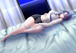 1girl absurdres ahoge azur_lane black_shorts blue_hair breasts crossed_bangs curtains foch_(azur_lane) full_body grey_hair hair_between_eyes highres large_breasts long_hair lying navel off-shoulder_sweater off_shoulder on_bed on_side pink_eyes purple_hair shorts solo sweater yukkurimikan