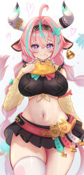1girl ahoge animal_ears bandaid bandaid_on_cheek bandaid_on_face braid breasts cow_ears cow_horns cow_tail ear_bell food genshin_impact hairband heart highres holding holding_food horns iii_(pixiv27971399) large_breasts licking_lips long_hair midriff miniskirt navel pink_hair purple_eyes single_thighhigh skirt tail thighhighs thighs tongue tongue_out twin_braids varesa_(genshin_impact)