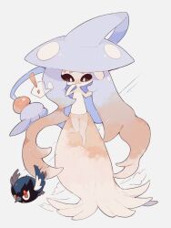! 1girl :&gt; absurdly_long_hair akadako bird black_sclera blue_hair blue_hat blush closed_mouth colored_sclera colored_skin embarrassed female_focus flat_chest flying full_body gen_8_pokemon gradient_hair grey_background grey_outline hand_to_own_mouth hands_up hat hatterene highres knees_together_feet_apart long_hair multicolored_hair nintendo no_feet nose_blush outline pink_hair pokemon pokemon_(creature) rookidee sidelocks simple_background solo_focus speech_bubble spoken_exclamation_mark standing straight-on translucent_hair two-tone_hair very_long_hair white_eyes white_skin wind wind_lift witch_hat