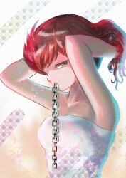 1girl arms_behind_head arms_up artist_name bare_arms benten_(urusei_yatsura) breasts chain cleavage closed_mouth commentary eyeshadow green_eyes hands_in_hair highres looking_back makeup medium_breasts miz_mus mouth_hold pink_eyeshadow red_hair short_hair solo strapless tube_top twitter_username tying_hair upper_body urusei_yatsura wet white_tube_top