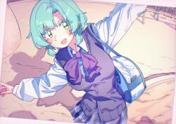 1girl aqua_hair bag black_jacket blue_skirt breasts d4dj green_eyes hanamaki_towa jacket kokutoumaru large_breasts long_sleeves open_mouth park pleated_skirt sand school_uniform shirt short_hair shoulder_bag skirt smile solo swing upper_body white_bag white_shirt yoba_academy_school_uniform